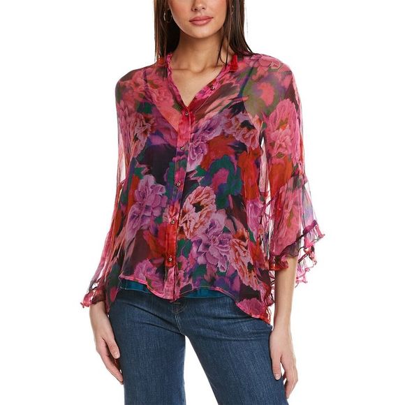 Johnny Was Tops - Johnny Was Womens  Lars Button-Down Silk Shirt, Pink